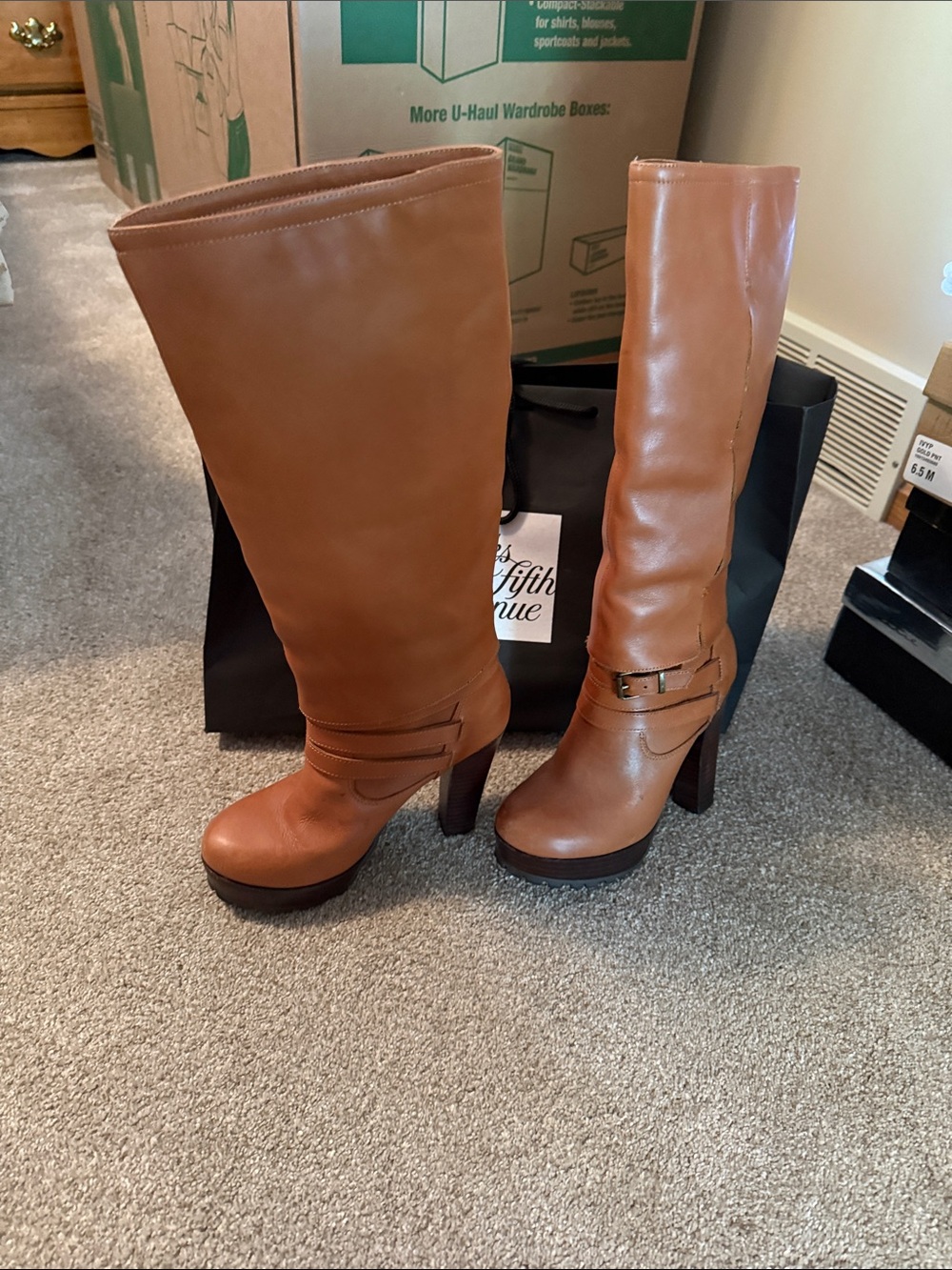 hinge Tall Cognac Leather Platform Heel Boots